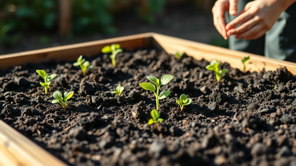 Newly planted raised garden bed filled with dark garden soil, green seedlings emerging, morning sunlight, wooden frame visible, gardener's hands in background