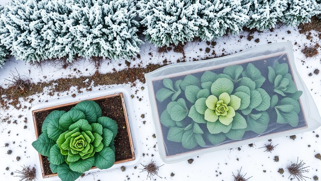 Overhead view of winter garden beds covered with frost cloth and row covers protecting green kale and spinach plants in snowy landscape with frost-covered evergreen shrubs visible