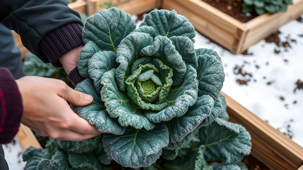 Close-up of hands harvesting fresh kale leaves from mature plant in winter garden with frost on foliage, wooden raised bed visible, snow on ground around plants