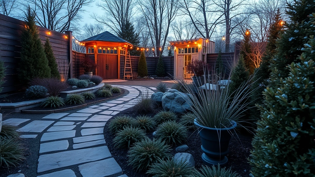 Wide angle of winter garden design featuring stone pathways, evergreen shrub borders with ornamental grasses, decorative planters, and LED string lights illuminating garden structures at dusk