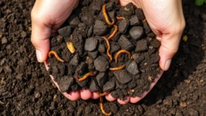 Close-up of rich, dark garden soil with visible organic matter, compost, and earthworms in natural daylight, hands holding crumbly loam texture
