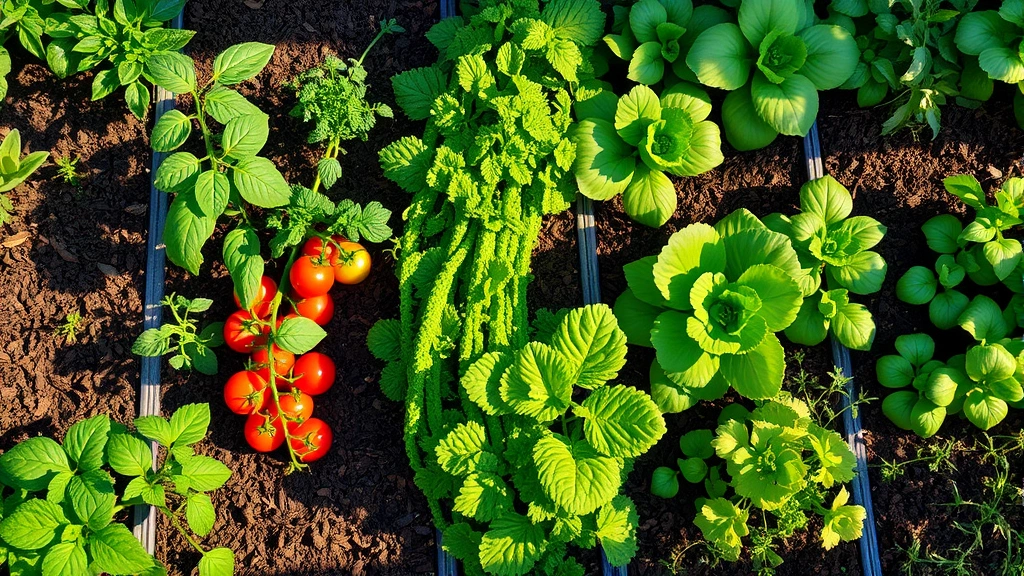 Overhead view of diverse vegetable garden with tomato plants, lettuce, herbs in raised beds with mulch, morning sun casting shadows across healthy green foliage