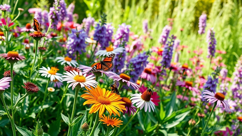Lush flowering garden with blooming perennials, beneficial insects on flowers like butterflies and bees, vibrant colors, healthy green plants in dappled sunlight