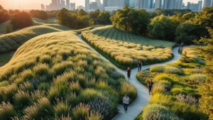 Sweeping aerial view of Lurie Garden's undulating landscape with Chicago skyline backdrop, native grasses and perennials in full bloom, visitors walking winding pathways, summer season with golden light