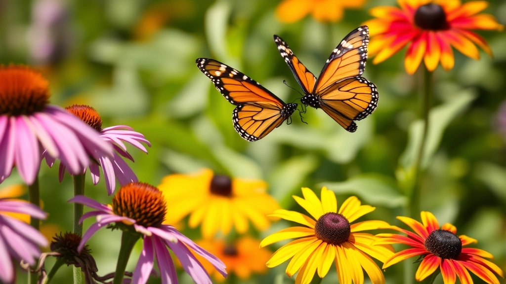 Close-up detail of native wildflowers including purple coneflowers and black-eyed Susans with monarch butterfly in flight, garden foliage blurred background, bright sunlight, pollinator activity