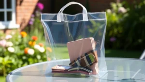 Clear transparent PVC bag sitting on outdoor garden table with sunlight filtering through, showing organized contents including wallet and phone inside, natural lighting, no text visible