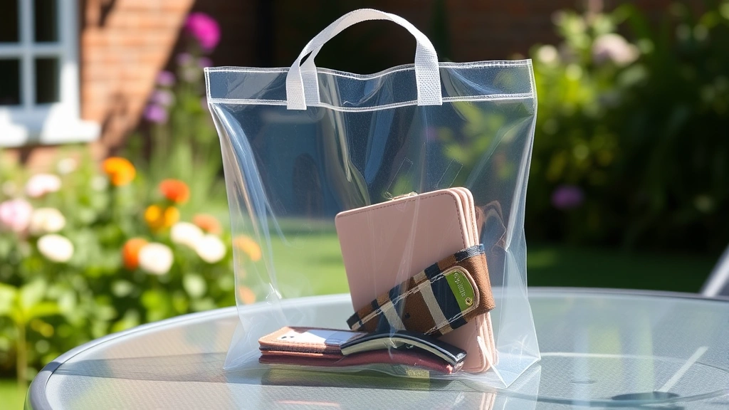 Clear transparent PVC bag sitting on outdoor garden table with sunlight filtering through, showing organized contents including wallet and phone inside, natural lighting, no text visible