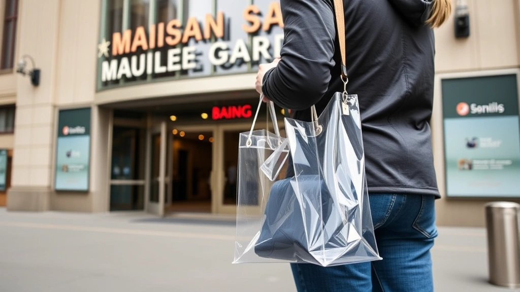 Visitor holding properly sized clear bag near Madison Square Garden entrance gate at daytime, bag dimensions clearly visible, person from side angle, natural outdoor lighting