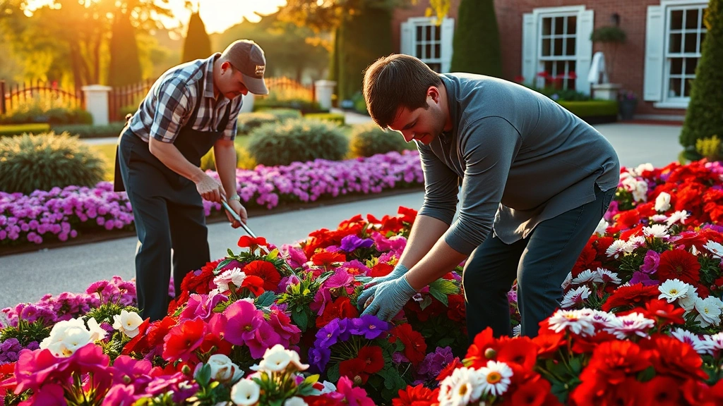 Professional groundskeeper carefully tending to colorful flowering beds with purple petunias, red begonias, and white marigolds in a formal garden setting during golden hour sunlight