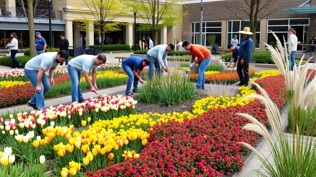Diverse team of horticultural workers installing seasonal plantings with spring bulbs, vibrant annuals, and ornamental grasses in a large urban venue garden space
