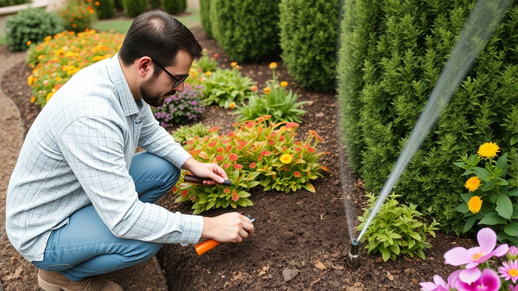 Experienced landscape designer examining soil quality and plant health with tools, checking irrigation system components among mature shrubs and flowering perennials in maintenance mode
