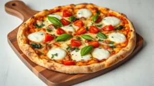 Fresh gourmet pizza with artisanal toppings and premium ingredients on a wooden serving board, featuring mozzarella, fresh basil, and colorful vegetables