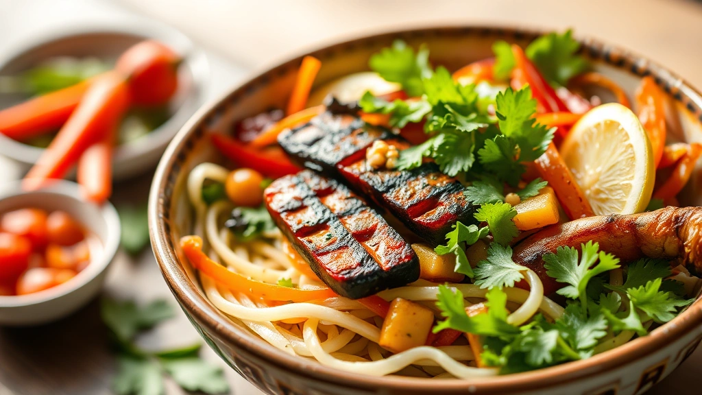 Vibrant Asian fusion bowl filled with fresh vegetables, grilled proteins, and garnishes, showcasing seasonal produce in natural daylight