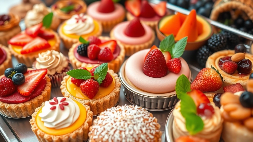 Colorful dessert display featuring fresh fruit tarts, pastries, and gourmet sweets with natural textures and appetizing presentation