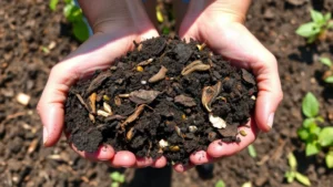 Hands holding rich dark compost with visible organic matter and decomposing materials in sunlit garden setting, showing soil texture