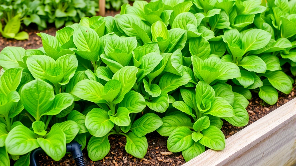 Vibrant green leafy vegetable plants growing in raised garden bed with drip irrigation system and healthy dense foliage
