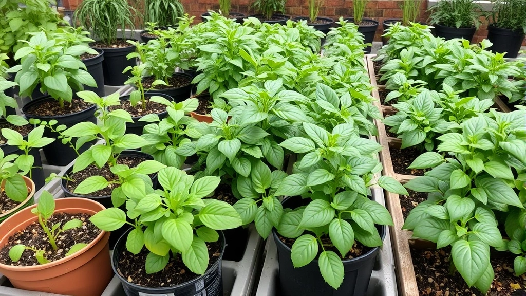 Collection of growing plants in containers and raised beds with optimal spacing, showing various stages of plant development and lush growth