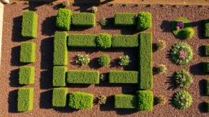 Overhead view of a formal garden bed with geometric layout, manicured shrubs, blooming perennials in organized rows, clean mulched pathways, spring afternoon light casting shadows