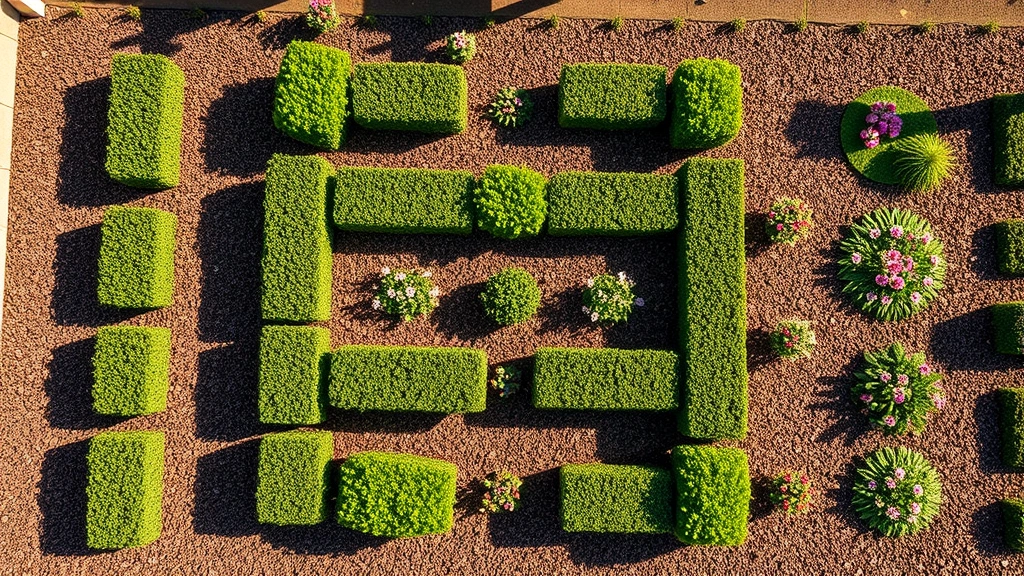 Overhead view of a formal garden bed with geometric layout, manicured shrubs, blooming perennials in organized rows, clean mulched pathways, spring afternoon light casting shadows