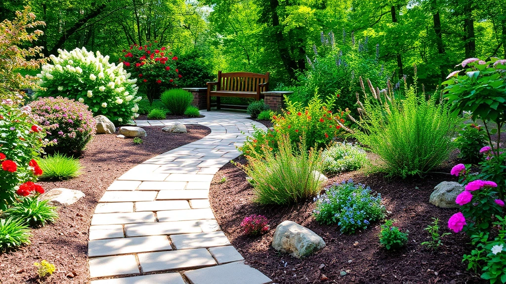 Garden pathway with stone pavers curving through mixed plantings, flowering shrubs and perennials on sides, wooden bench visible in background, dappled shade from overhead trees, inviting entrance