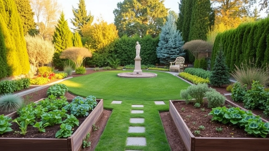 Wide garden landscape showing multiple zones including raised beds with vegetables, seating area with bench, focal point statue, layered plantings of varying heights, evergreen and deciduous trees creating structure, golden hour light