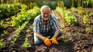Mature man kneeling in vegetable garden, hands in rich dark soil, wearing gardening gloves, surrounded by growing plants and green foliage, peaceful expression, morning sunlight