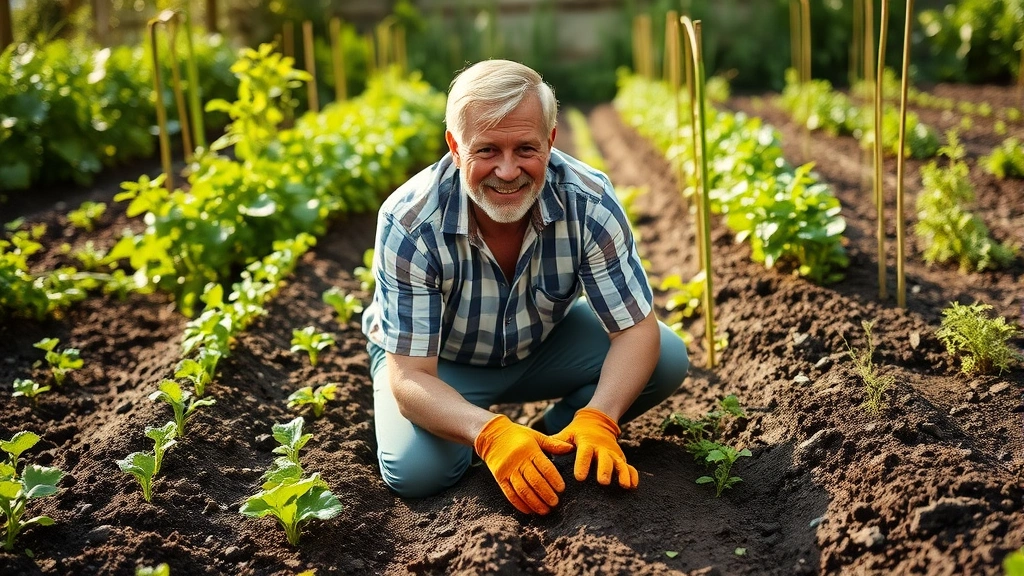Mature man kneeling in vegetable garden, hands in rich dark soil, wearing gardening gloves, surrounded by growing plants and green foliage, peaceful expression, morning sunlight