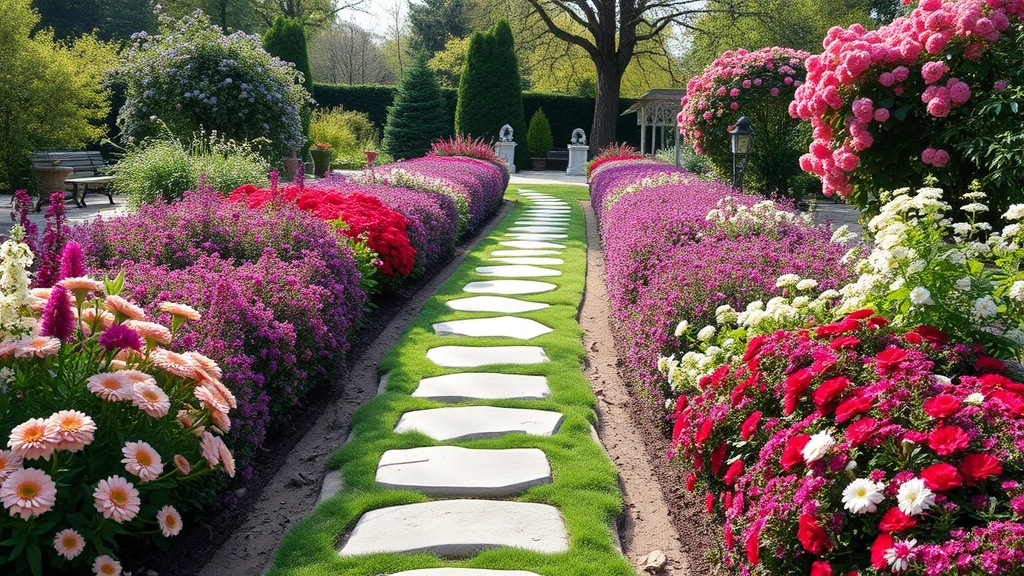 Wide garden pathway with stepping stones leading through blooming perennial beds, flowering shrubs on sides, natural light filtering through trees, serene garden landscape