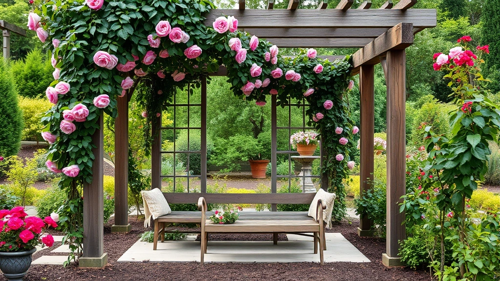 Garden bench positioned under wooden arbor covered with climbing roses, peaceful seating area overlooking planted beds, soft natural lighting, tranquil outdoor sanctuary space