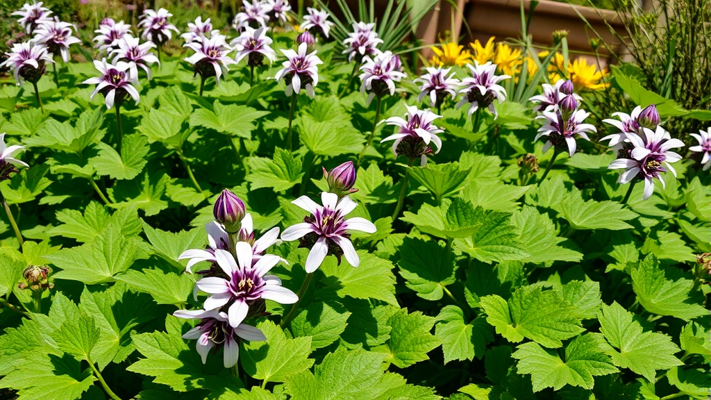 Mediterranean garden featuring mandrake plants with distinctive lobed leaves and pale purple flowers blooming in spring sunshine, natural outdoor lighting, realistic botanical detail