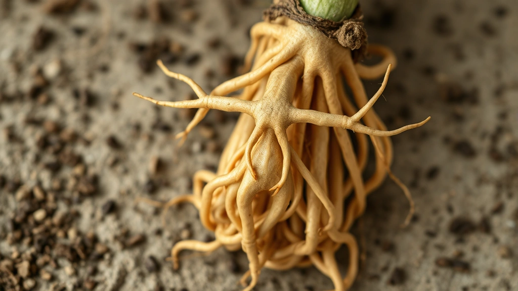 Close-up of mandrake root system freshly harvested showing characteristic branched taproot formation resembling human figure, displayed on neutral background with soil particles, photorealistic detail