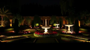 Maymont Italian Garden at night illuminated with warm uplighting on geometric flower beds and classical stone fountains reflecting light, evergreen hedges creating depth, no people visible