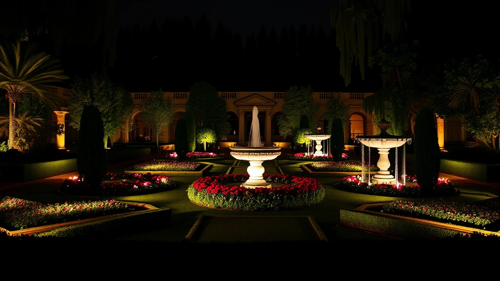 Maymont Italian Garden at night illuminated with warm uplighting on geometric flower beds and classical stone fountains reflecting light, evergreen hedges creating depth, no people visible