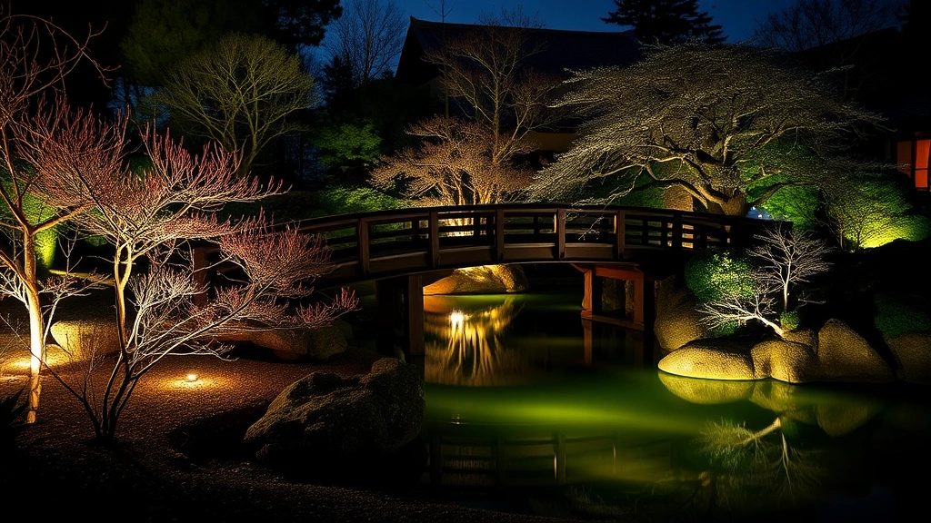 Japanese garden bridge over illuminated water feature with soft ambient lighting on surrounding plants and trees, winter foliage visible, peaceful contemplative atmosphere, night photography
