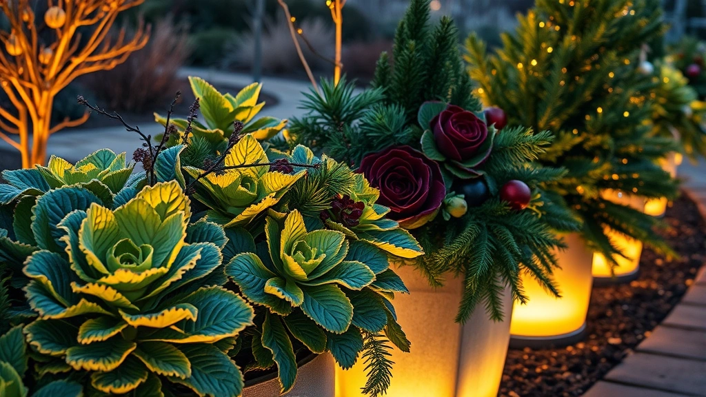Close-up of winter plantings including ornamental cabbages and holiday greens in illuminated containers arranged along garden pathway, warm accent lighting on foliage textures, evening lighting conditions