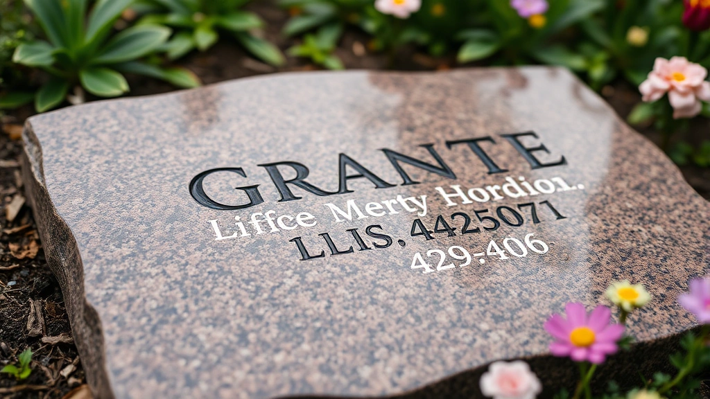 Close-up of polished granite memorial stone with engraved name and dates in a peaceful garden setting surrounded by perennial flowers and green foliage