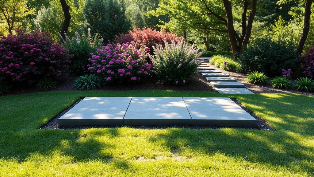 Wide garden view showing a flat-lying memorial stone integrated into a landscaped bed with flowering shrubs, stepping stones, and shade-dappled lighting creating a serene reflection space