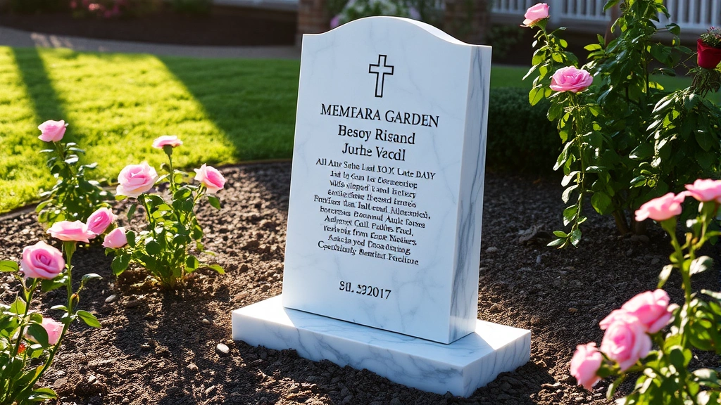 Upright marble memorial stone in afternoon light with detailed inscription visible, surrounded by blooming roses and maintained mulch, demonstrating proper memorial garden integration and maintenance