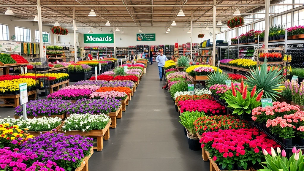 Wide shot of organized Menards garden center with rows of colorful flowering plants, perennials, and gardening supplies neatly arranged, customers browsing, natural lighting