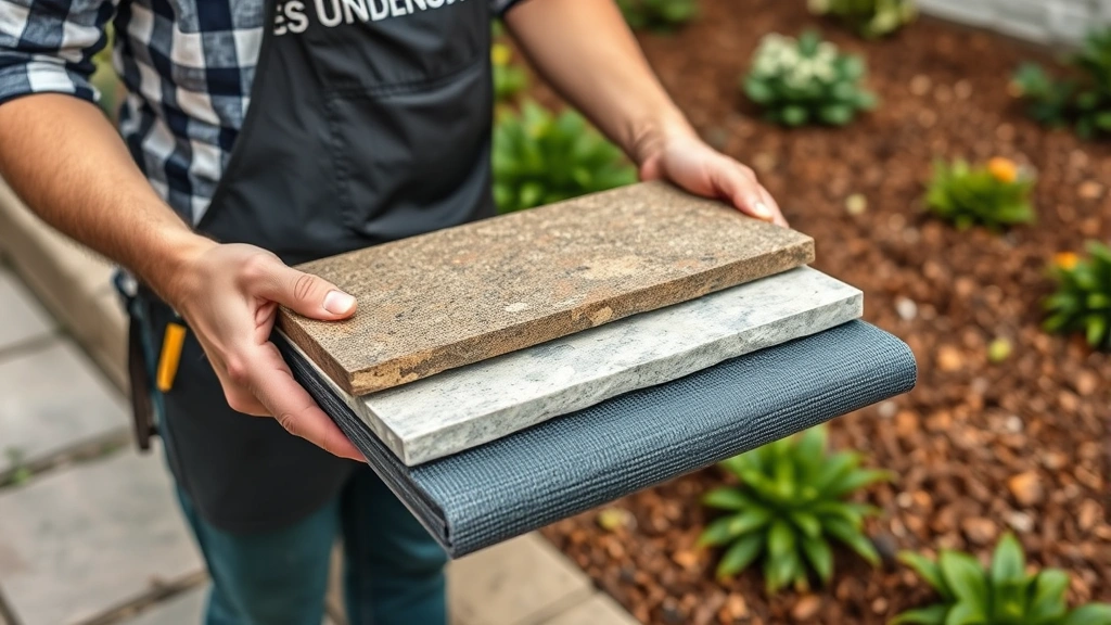 Gardener holding quality hardscape stone edging material and landscape fabric, showing proper material selection with mulched garden bed in background, professional presentation