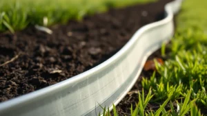 Close-up of galvanized steel metal edging installed along a garden bed edge with fresh dark soil and green grass beyond, showing clean definition between planting area and lawn, morning sunlight casting shadows