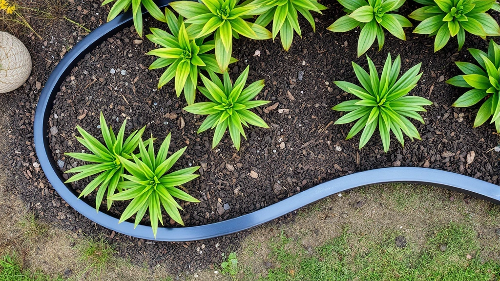 Overhead view of curved metal garden edging creating flowing lines in a perennial flower bed, mulch inside the edging, established plants growing, showing the professional organized appearance of well-edged gardens