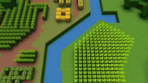 Overhead view of a geometric Minecraft garden with water channels running through rows of wheat crops in different growth stages, featuring wooden fences and pathways between sections