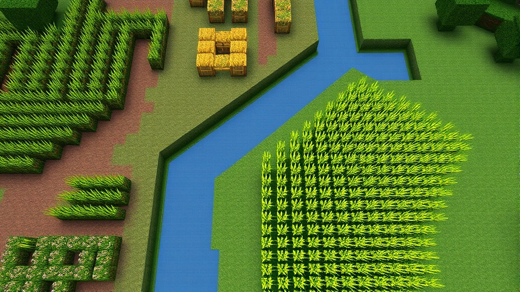 Overhead view of a geometric Minecraft garden with water channels running through rows of wheat crops in different growth stages, featuring wooden fences and pathways between sections