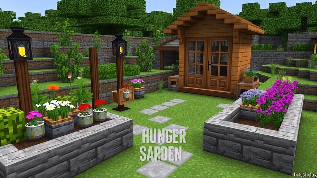 Detailed Minecraft garden showcase with raised beds made of stone brick, flowering plants, decorative lanterns on posts, and a small wooden garden shed structure with glass windows