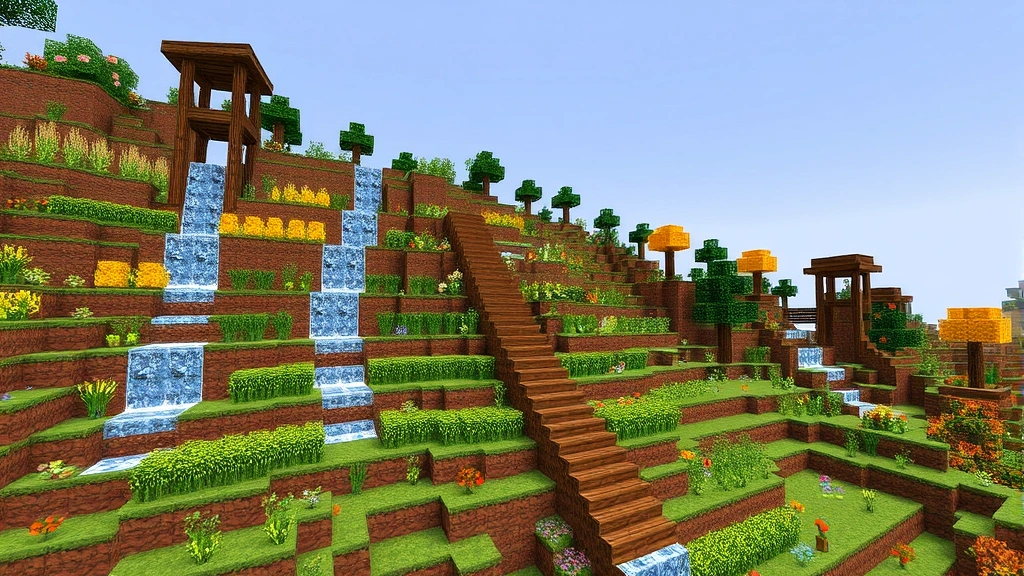 Multi-level tiered Minecraft garden built on a hillside with cascading water irrigation, different crop types at various heights, wooden stairs as pathways, and autumn-colored decorative blocks creating seasonal ambiance
