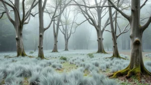 Pale oak trees with light-colored trunks and sparse foliage in misty forest clearing with white-gray grass and scattered moss patches, photorealistic botanical garden atmosphere
