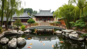 Serene Ming-style garden with curved bridge over koi pond, traditional pavilion in background, ornamental rocks, and bamboo grove creating layered landscape composition