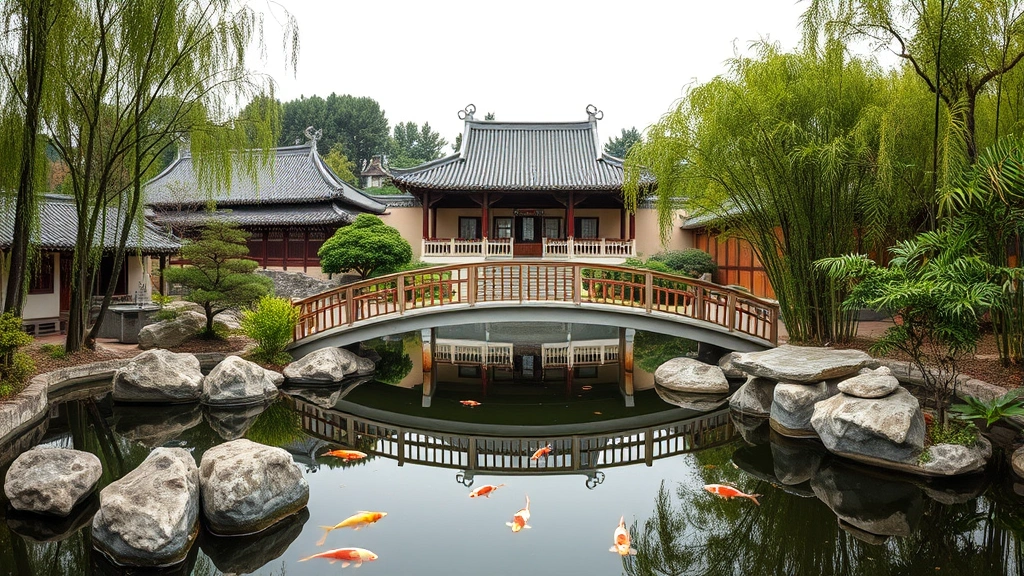 Serene Ming-style garden with curved bridge over koi pond, traditional pavilion in background, ornamental rocks, and bamboo grove creating layered landscape composition