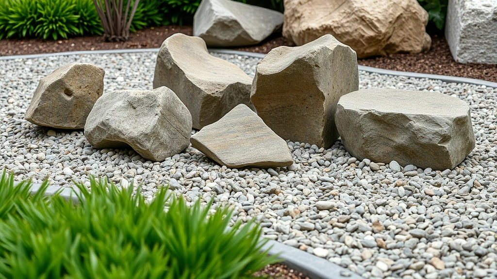 Close-up of carefully arranged scholar's stones with dramatic textures and forms positioned asymmetrically in raked gravel garden bed with low evergreen plantings